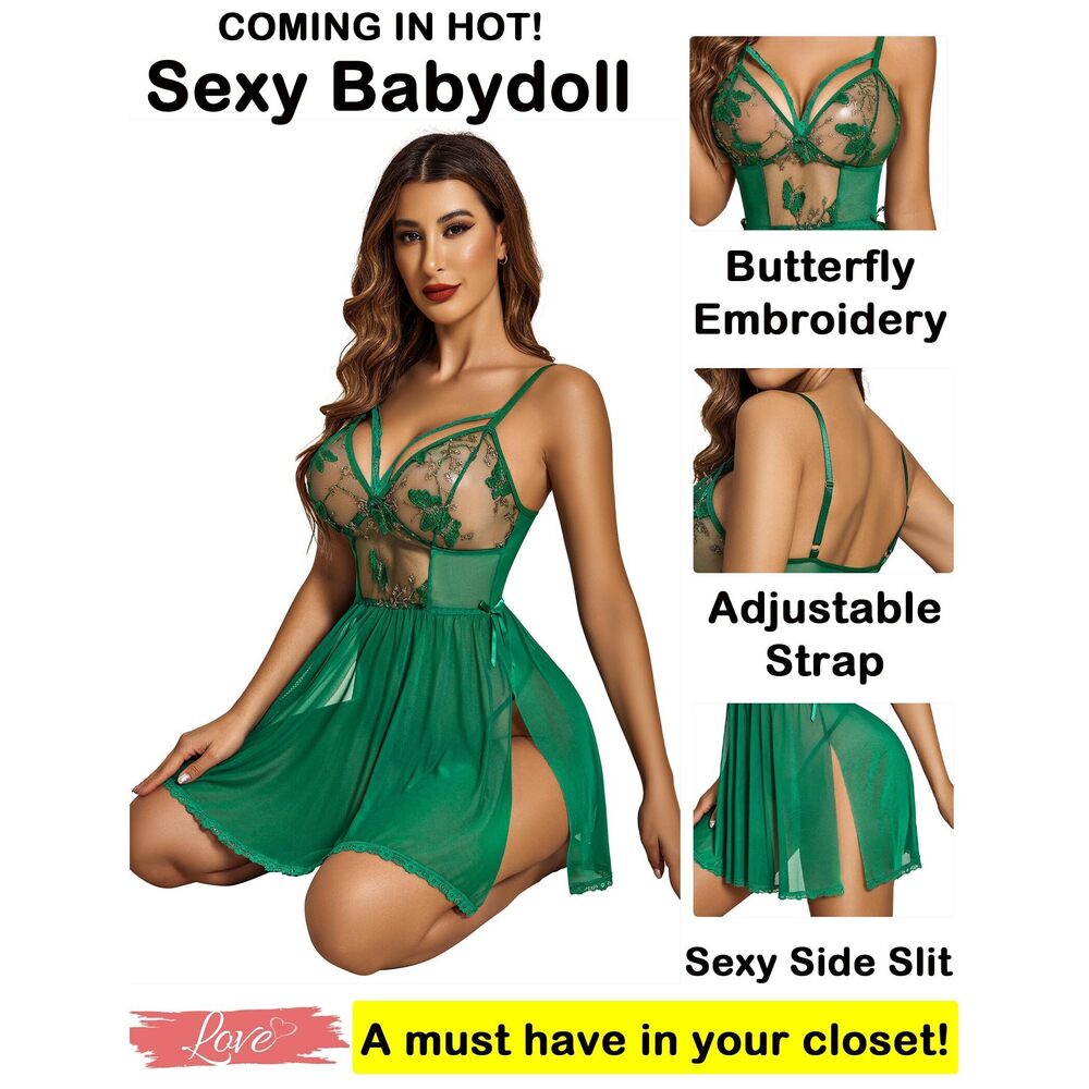 8246 Green Lingerie Floral Embroidery Babydoll Lingerie Dress Lace - Picture 3 of 6